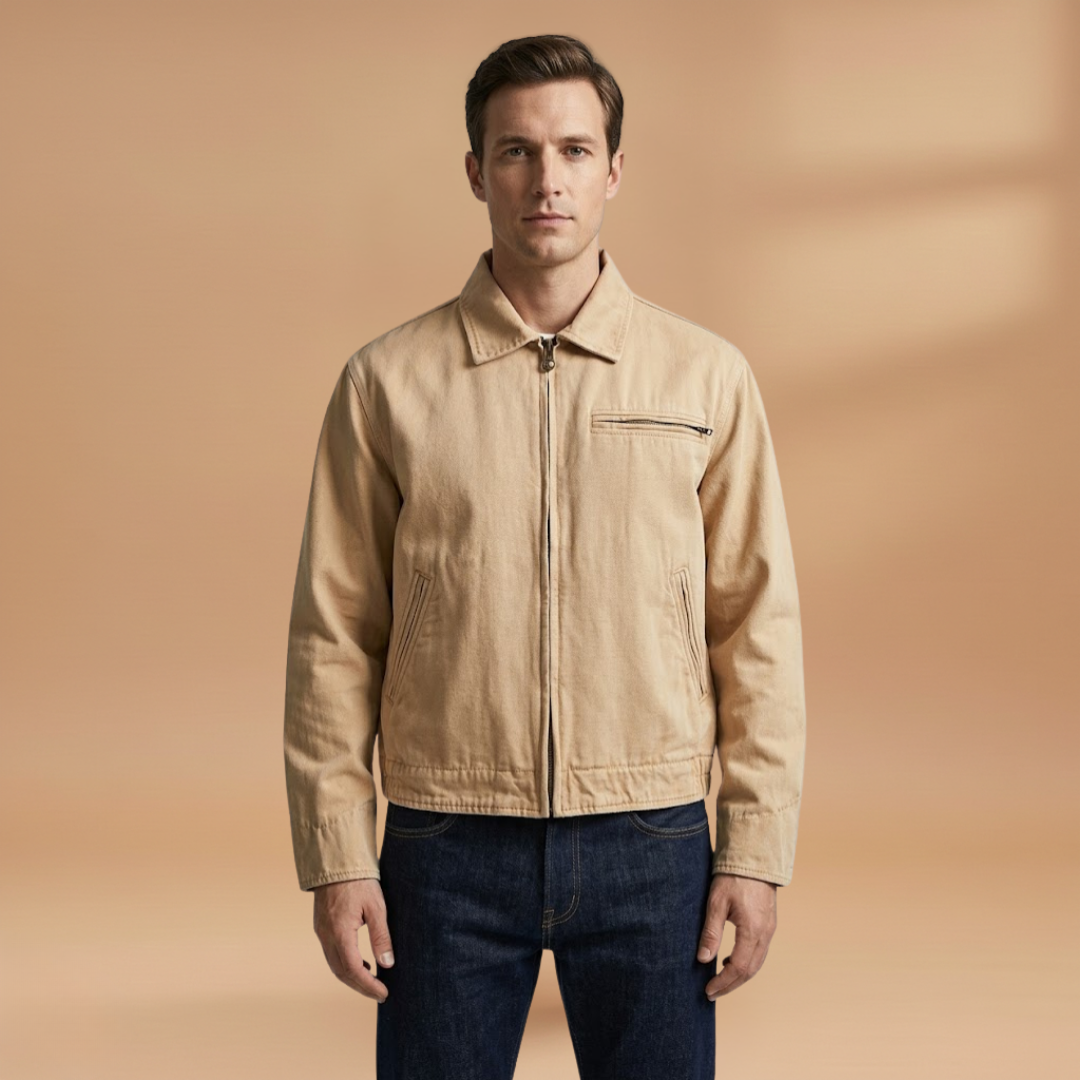Fashionable men's bomber jacket with front zip, practical pockets. Perfect for stylish spring & fall casual wear.