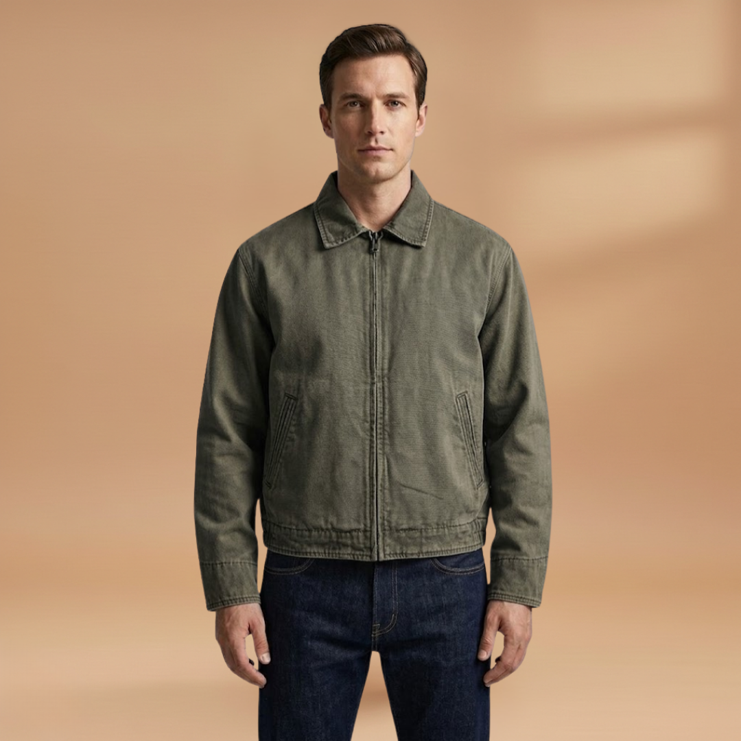 Modern men's bomber jacket with a front zip & multiple pockets. A key piece of stylish outerwear for men's fashion.