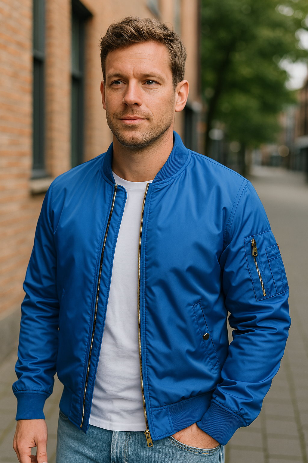 Versatile men's bomber jacket. Stylish outerwear, ideal for casual spring & fall fashion. Features a zippered front.