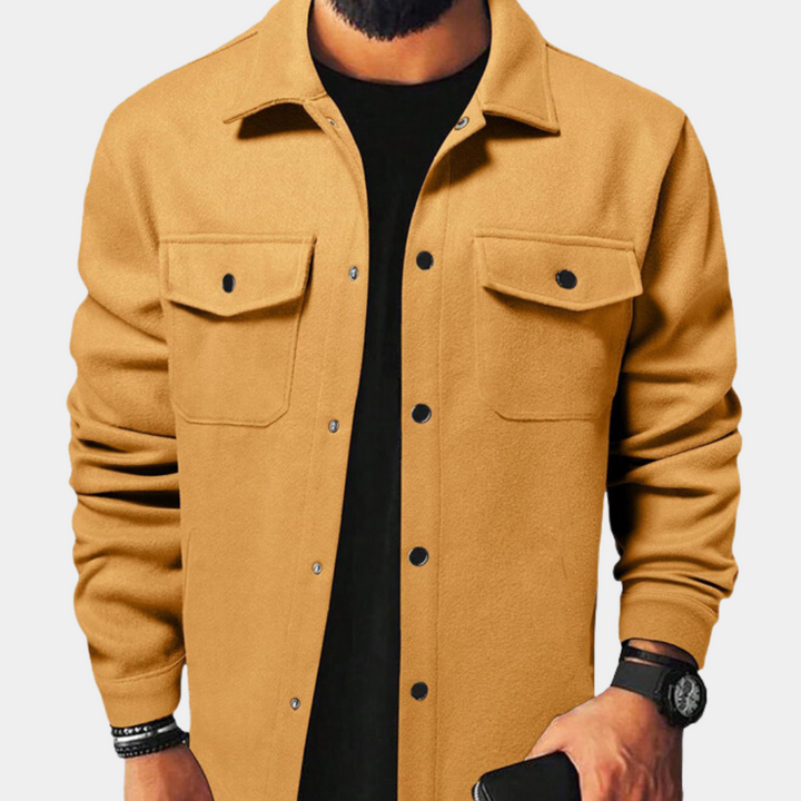 Men's button-down casual jacket, offering versatile style for fall & winter outerwear and layering.