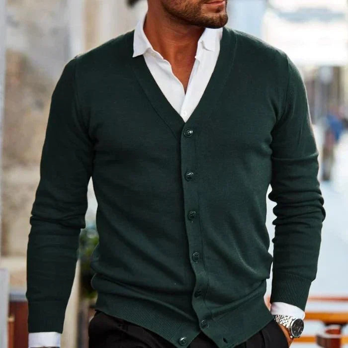Warm men's button-down knit cardigan, a comfortable long sleeve v-neck sweater for fall and winter fashion.