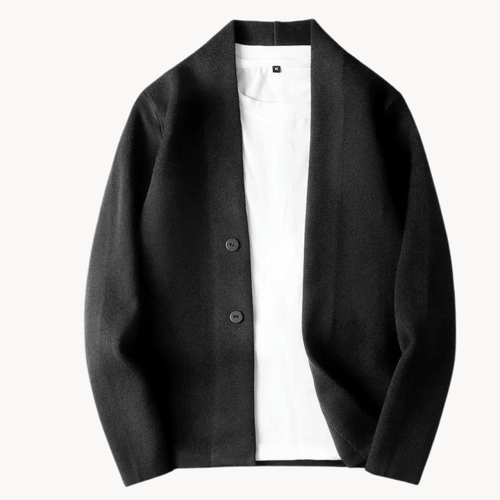 Elegant men's button-up cardigan sweater styled for a versatile and comfortable layered look.