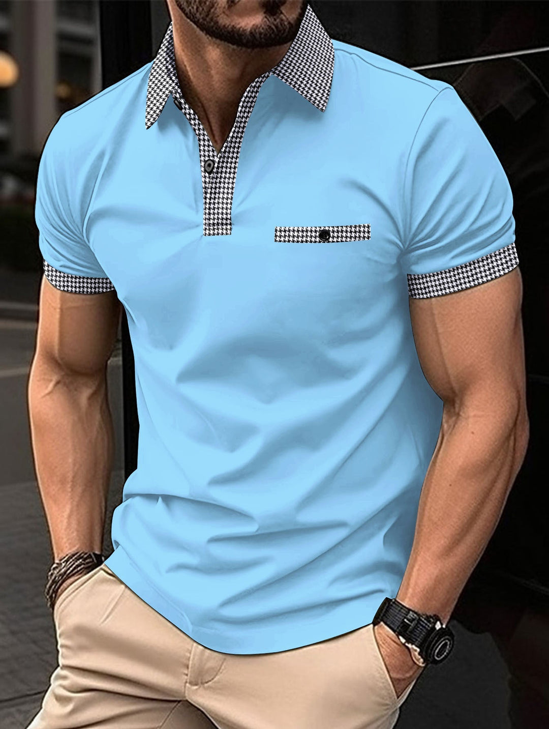 Smart casual men's button-up polo. British style, breathable, comfortable short-sleeve top for daily wear.