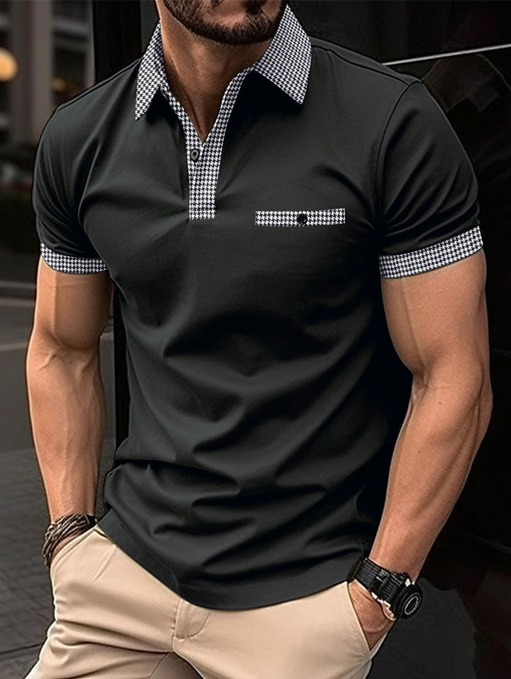 Short-sleeve men's polo shirt. Stylish, breathable, comfortable button-up top for versatile everyday wear.