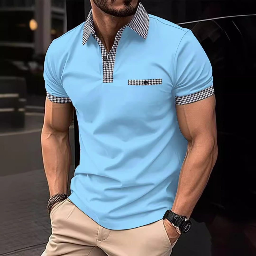 Smart casual men's polo shirt. British style, versatile short-sleeve top with buttons for comfort.