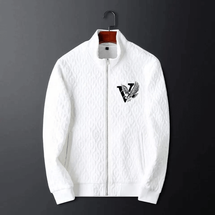 Men's cable-knit full-zip jacket & pants set. Versatile matching outfit for sportswear, casual, or loungewear.