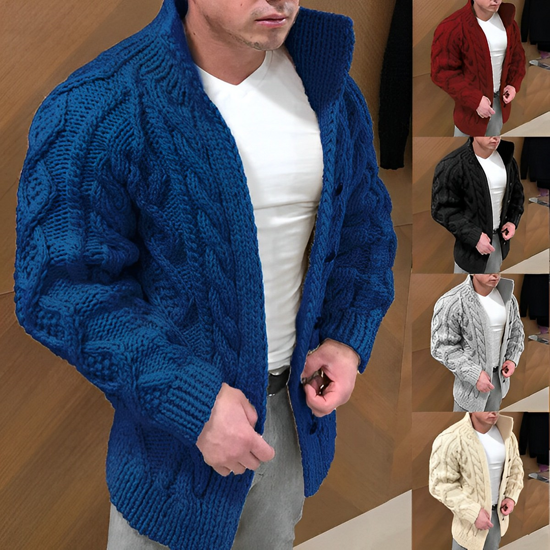 Men's stylish cable pattern cardigan, warm & cozy for everyday wear. Casual fashion essential.