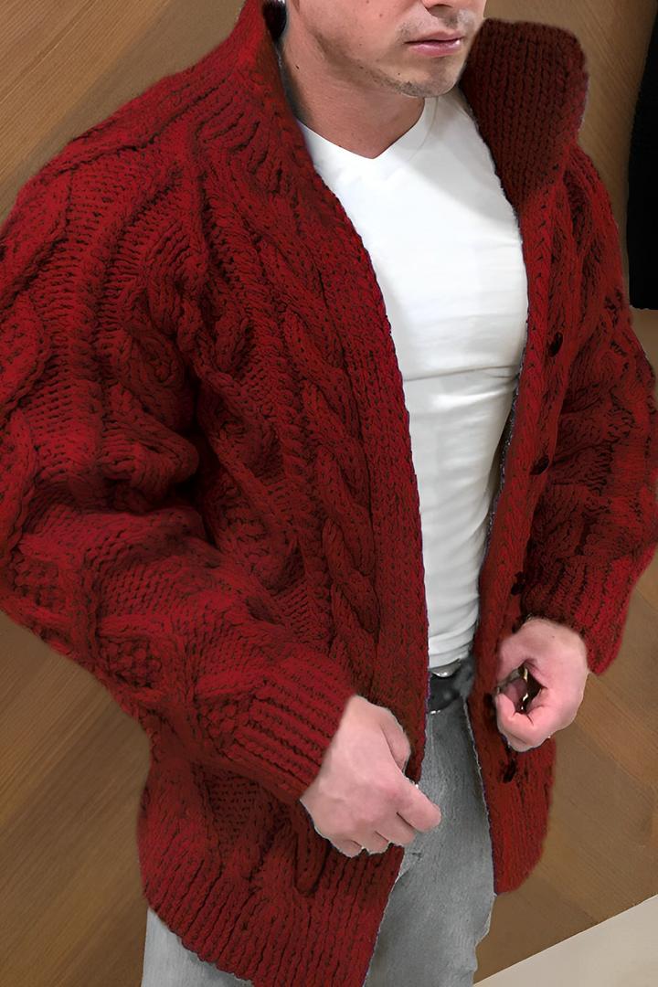 Cozy men's cable knit cardigan, a stylish oversized sweater for everyday comfort.