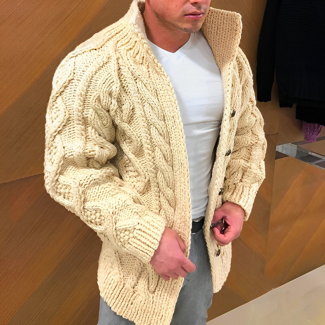 Stylish men's cable knit cardigan in a relaxed fit, ideal for casual everyday fashion.