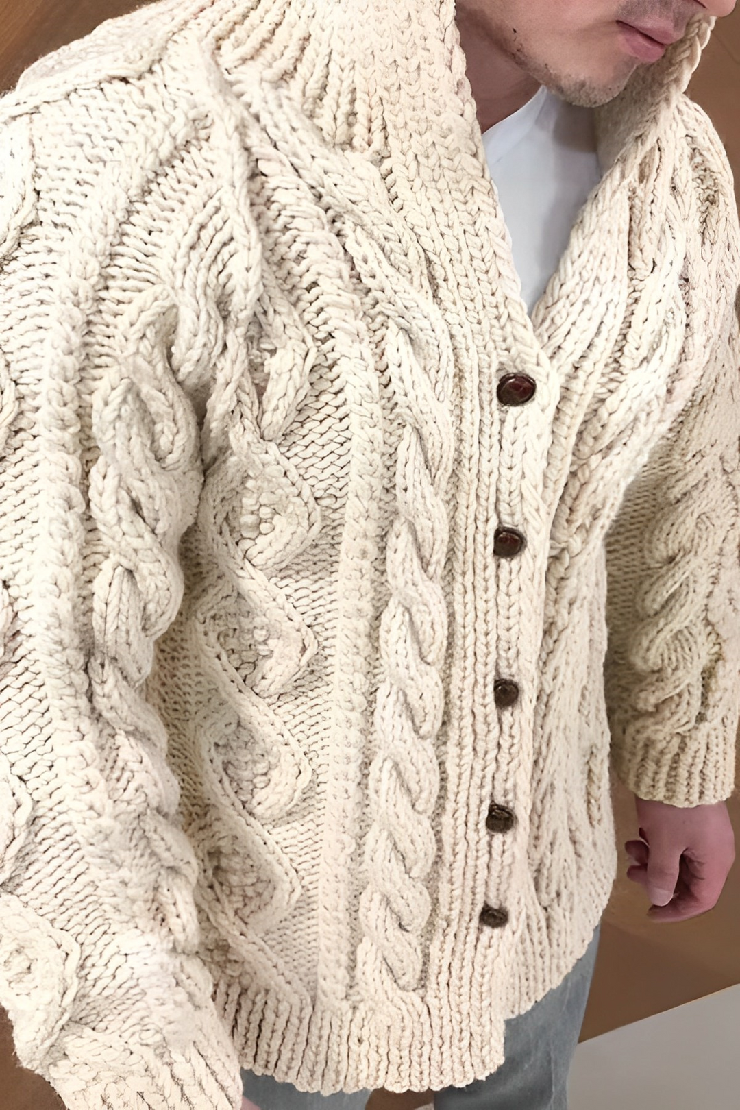 Men's warm cable pattern cardigan, an oversized sweater for cozy, stylish everyday comfort.