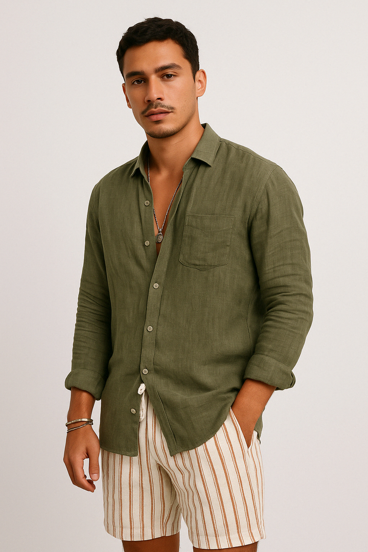 Comfortable men's casual long sleeve button-up shirt, perfect for stylish everyday wear & men's fashion.