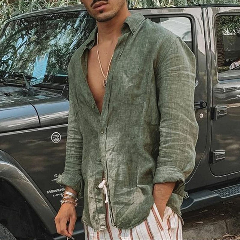 Close-up of a men's casual button-up shirt, showcasing the long sleeves & quality fabric for comfort.