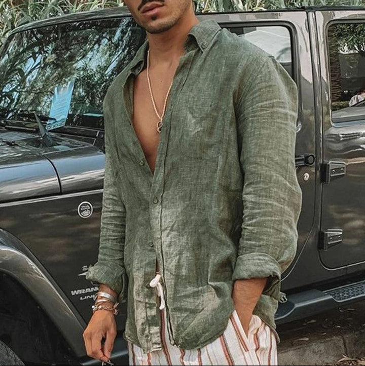 Close-up of a men's casual button-up shirt, showcasing the long sleeves & quality fabric for comfort.