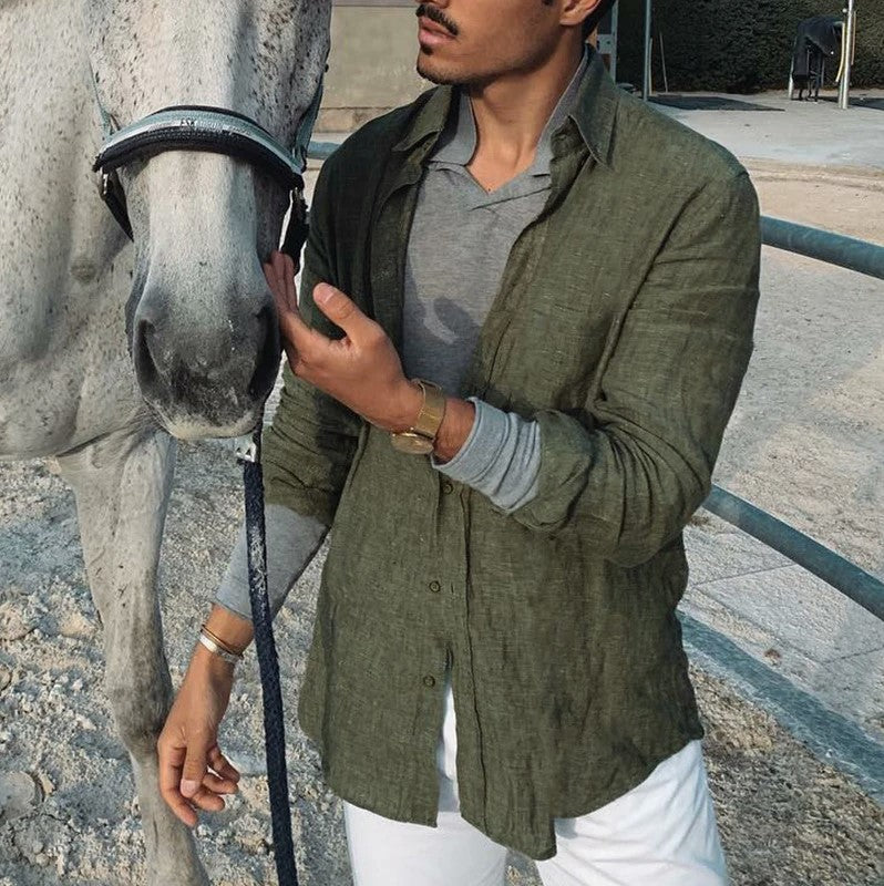 Modern men's casual button-up long sleeve shirt, blending comfort with stylish everyday men's fashion.