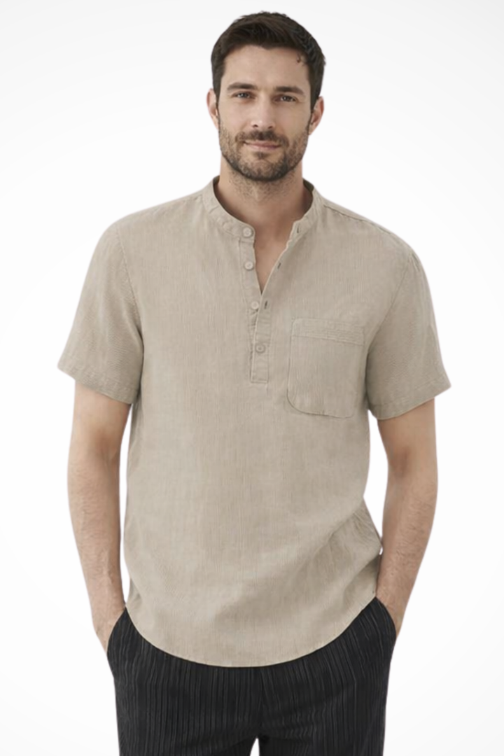 Men's stylish collarless short sleeve shirt, perfect for casual summer wear. Modern fit button-up.