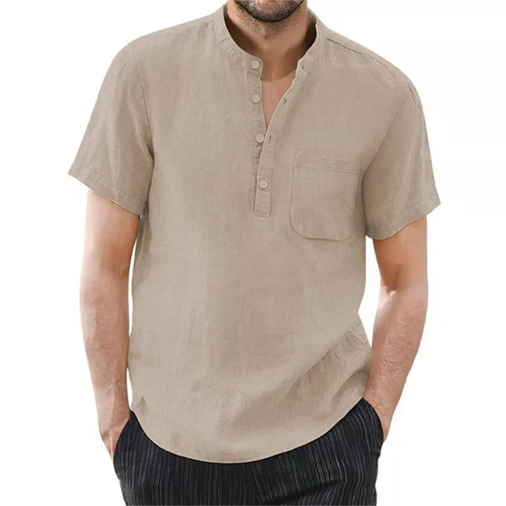 Modern men's band collar short sleeve shirt. Stylish, minimalist design for warm weather casual looks.