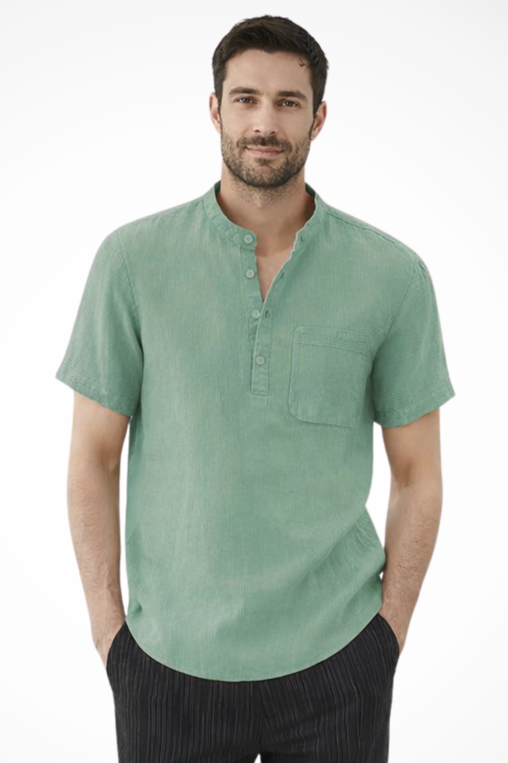 Lightweight men's short sleeve shirt, collarless design for cool summer comfort and daily wear.