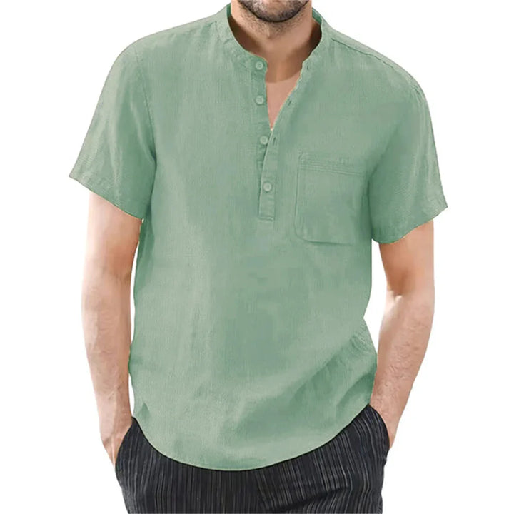 Versatile men's short sleeve band collar shirt. Ideal for casual summer outfits and everyday style.