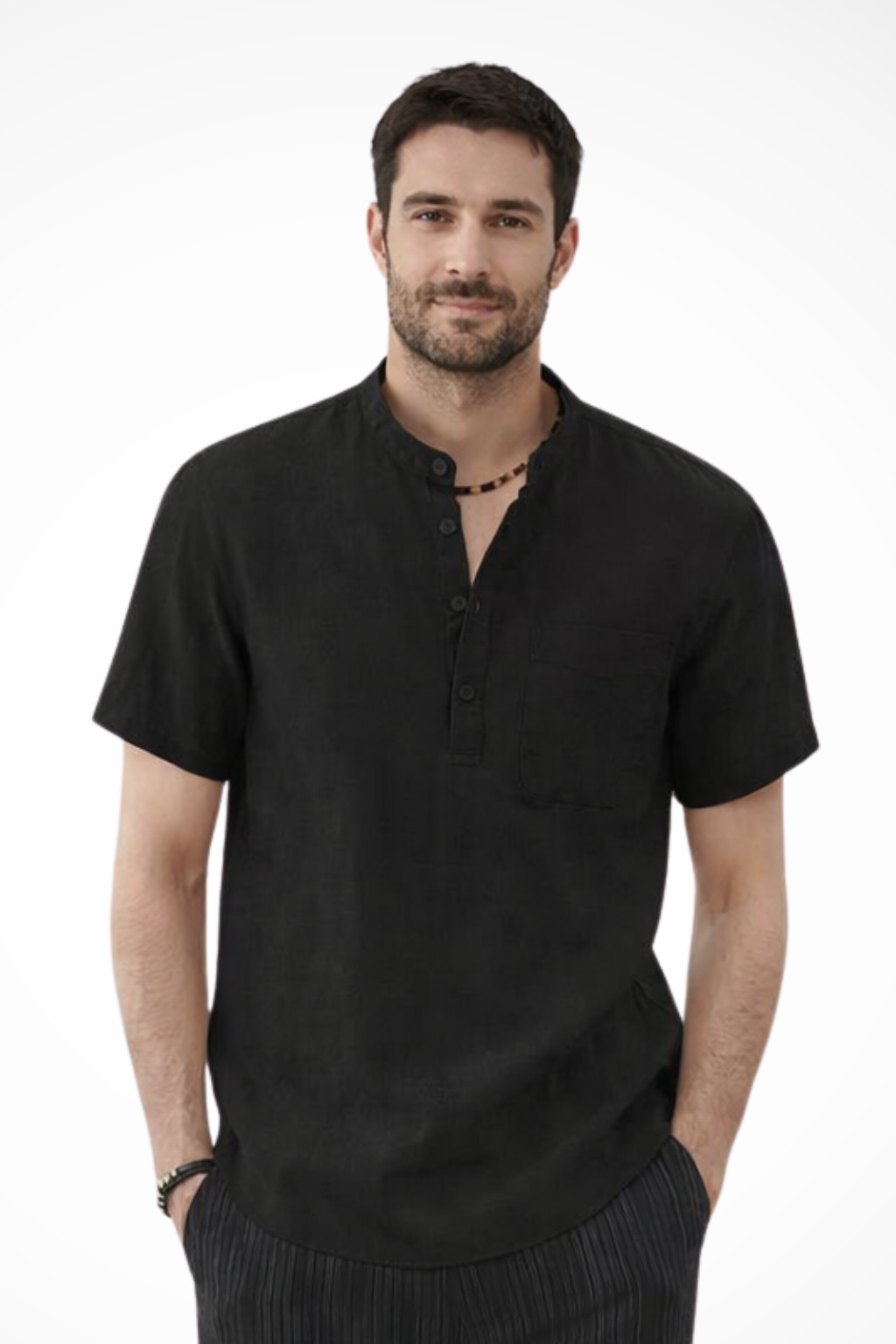Button-up men's collarless short sleeve shirt. Stylish minimalist design, great for warm weather.