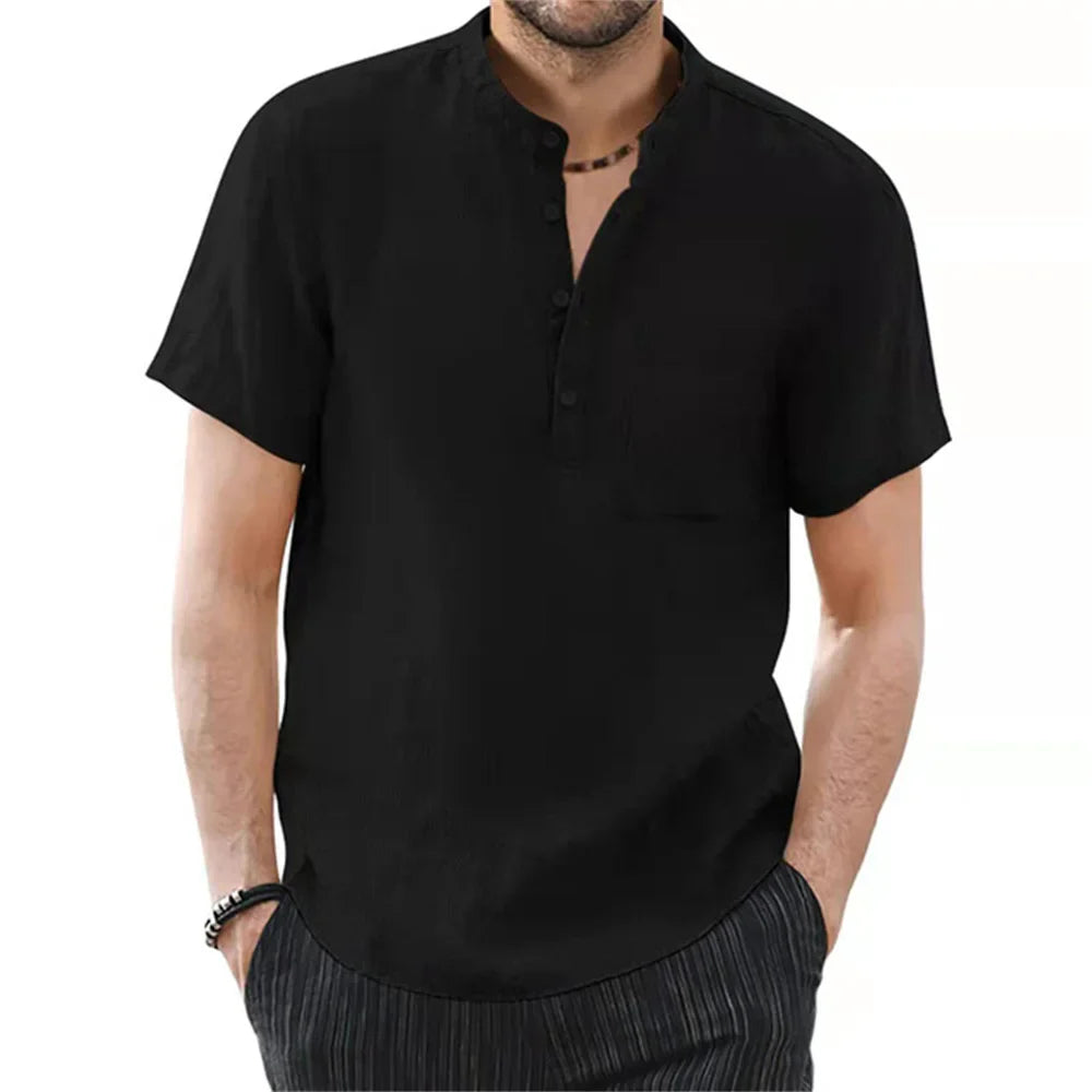 Men's modern fit short sleeve shirt with a stylish band collar. Perfect for warm weather casual wear.