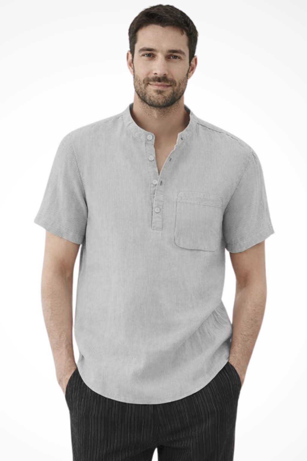 Stylish men's casual short sleeve shirt, featuring a comfortable collarless design for summer days.