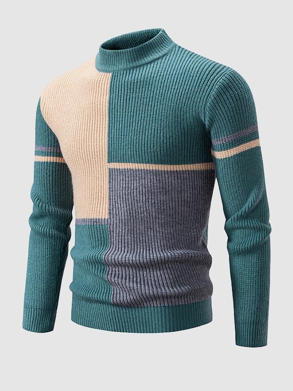 Men's stylish color block mock neck sweater. Casual knit pullover, ideal for fall & winter fashion layering.