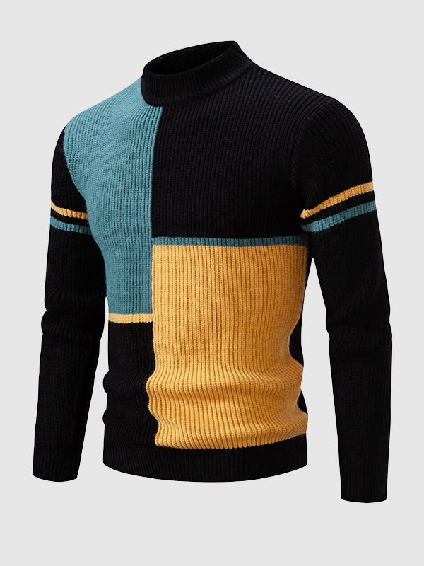 Stylish men's color block mock neck pullover sweater. Warm knit design, perfect for casual winter wear.