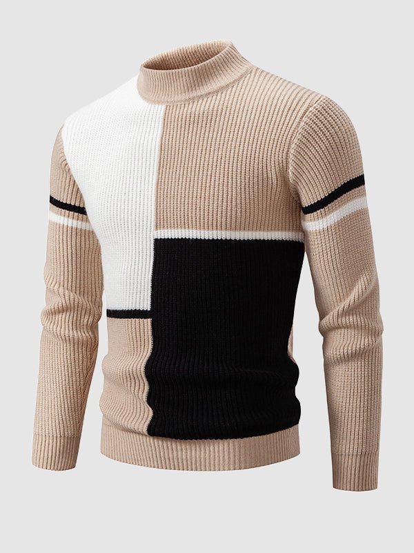 Fashionable men's color block mock neck sweater. Comfortable knit pullover for stylish fall & winter layering.