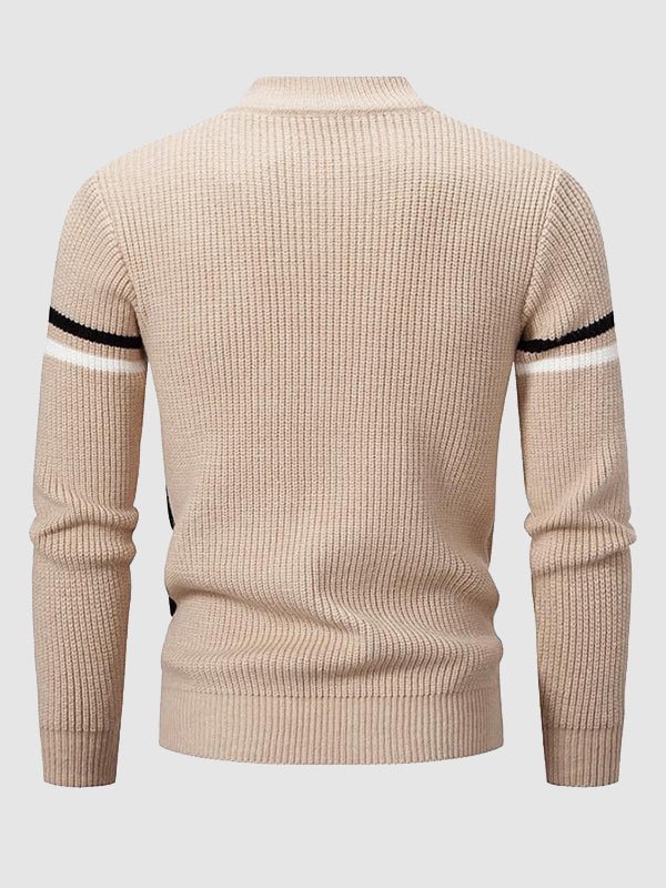 Modern men's color block mock neck knit sweater. A stylish and comfortable pullover for winter fashion.