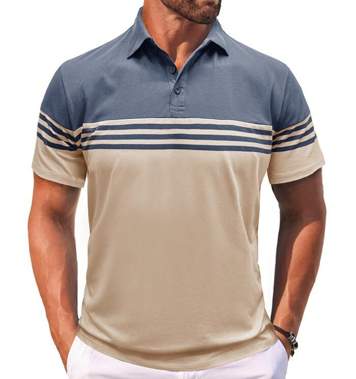 Men's stylish color block short sleeve polo shirt, perfect for casual summer wear. Regular fit design.