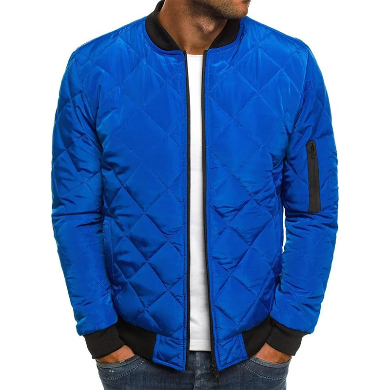 Stylish men's diamond pattern jacket, versatile for casual everyday wear in autumn & winter. Modern outerwear.