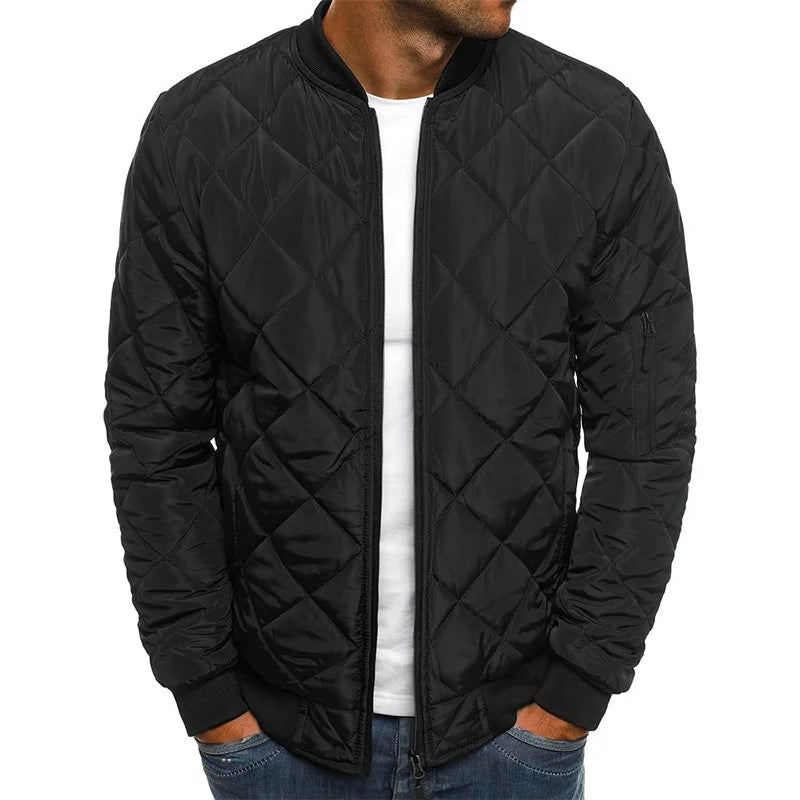 Warm men's casual diamond pattern jacket for autumn & winter. Stylish, comfortable everyday layered outerwear.