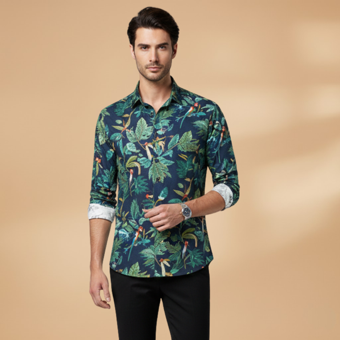 Men's versatile long sleeve floral shirt, a stylish button-down with a unique print for summer fashion.