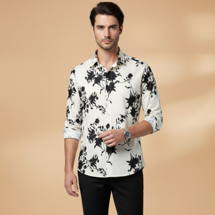 Versatile men's button-down long sleeve shirt with a vibrant floral pattern for resort wear.