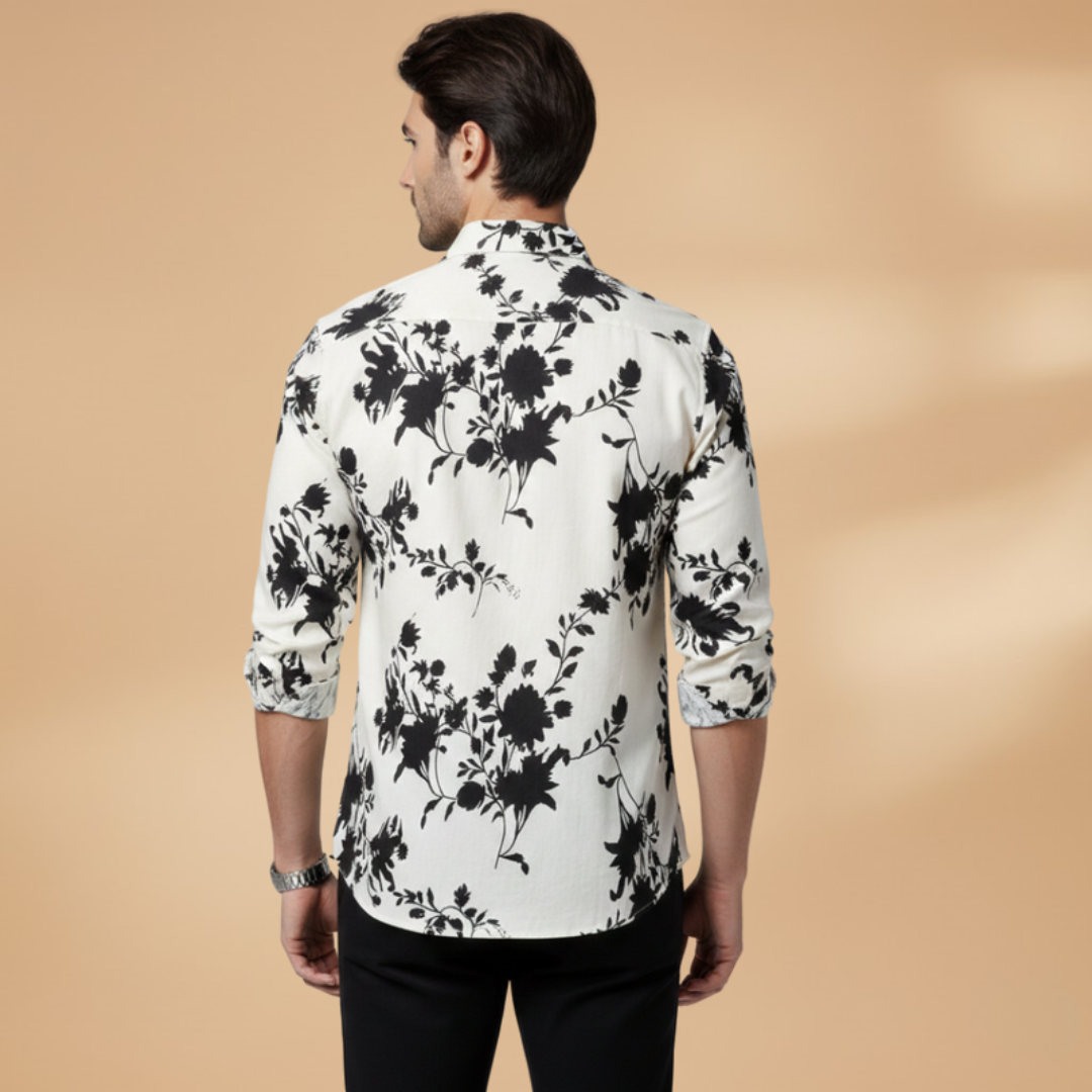 Stylish men's patterned long sleeve shirt, featuring a unique floral print for fashion-forward looks.