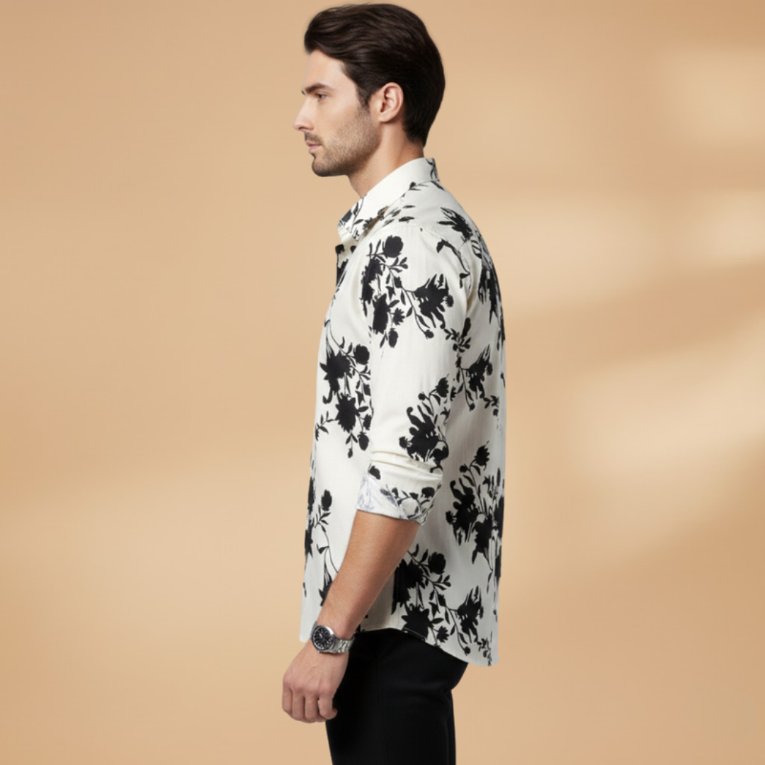 Men's floral print long sleeve button-down shirt, great for versatile casual & resort fashion.