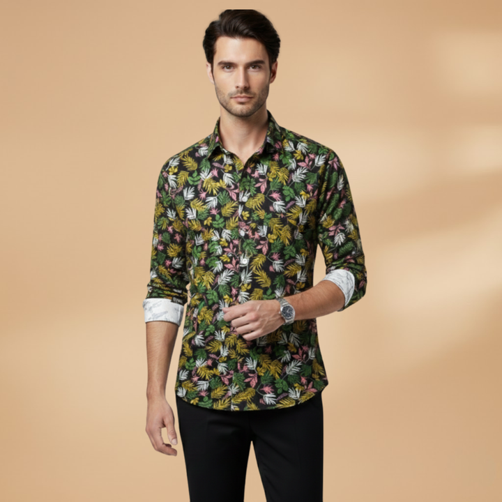 Modern men's long sleeve floral print shirt, a perfect button-down for casual and stylish occasions.