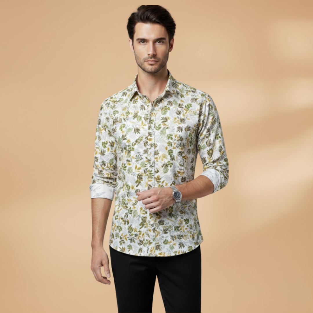 Resort wear men's long sleeve floral shirt, featuring a vibrant print for stylish summer ensembles.
