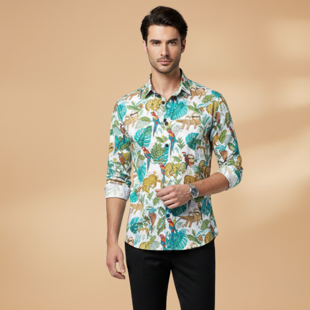 Fashionable men's long sleeve floral patterned shirt, suitable for casual outings & everyday style.