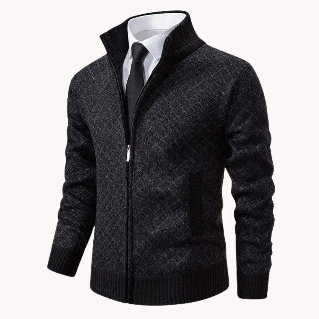 Men's stylish full-zip patterned sweater jacket. Perfect casual outerwear for warmth & layering.