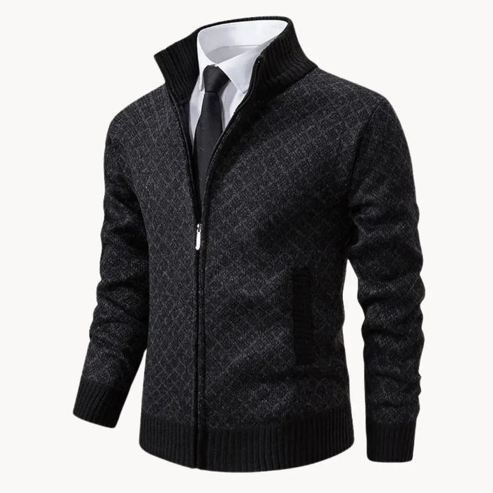 Men's stylish full-zip patterned sweater jacket. Perfect casual outerwear for warmth & layering.