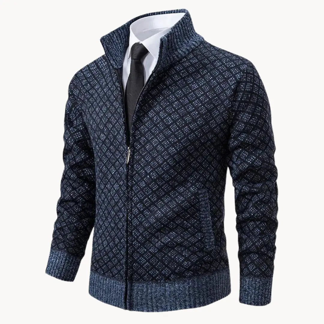 Warm men's full-zip cardigan sweater with unique pattern. Ideal for casual layering & stylish outerwear.