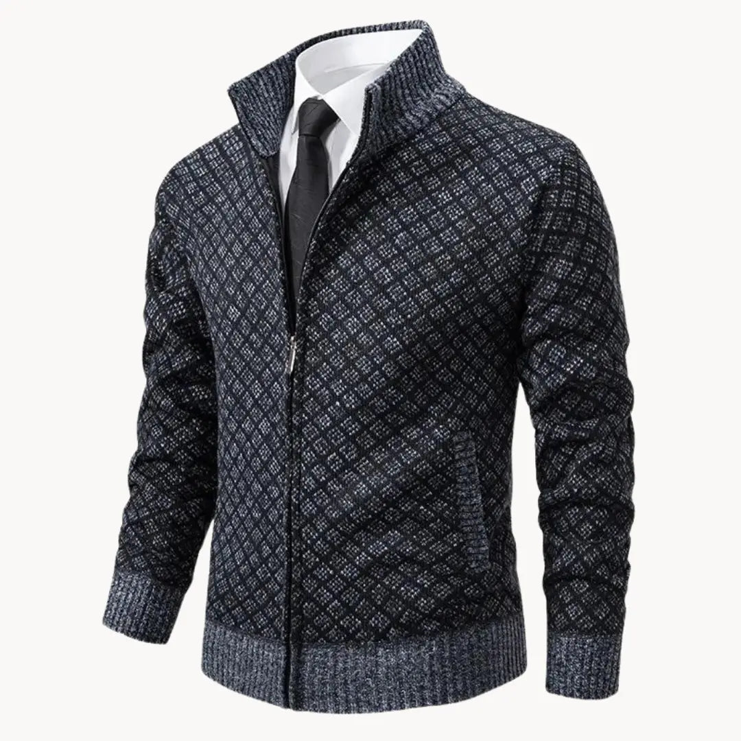 Casual men's full-zip patterned sweater jacket for everyday wear. Warm, stylish, and easy to layer.