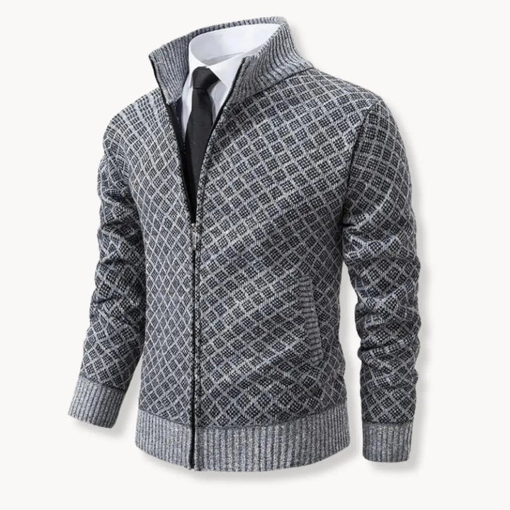 Textured full-zip patterned sweater jacket for men. A warm, stylish and versatile casual outerwear option.