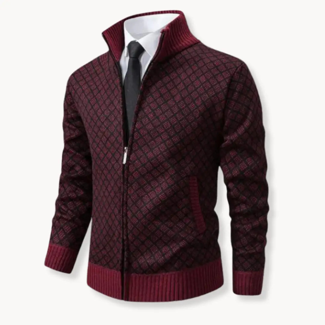 Fashionable men's patterned full-zip sweater. Great for casual comfort, warmth, and layering as an outer jacket.