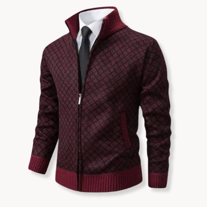 Fashionable men's patterned full-zip sweater. Great for casual comfort, warmth, and layering as an outer jacket.
