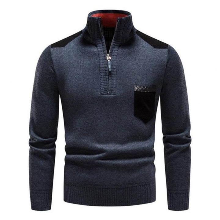 Men's stylish grey zip-up sweater with chest pocket, perfect for casual winter fashion