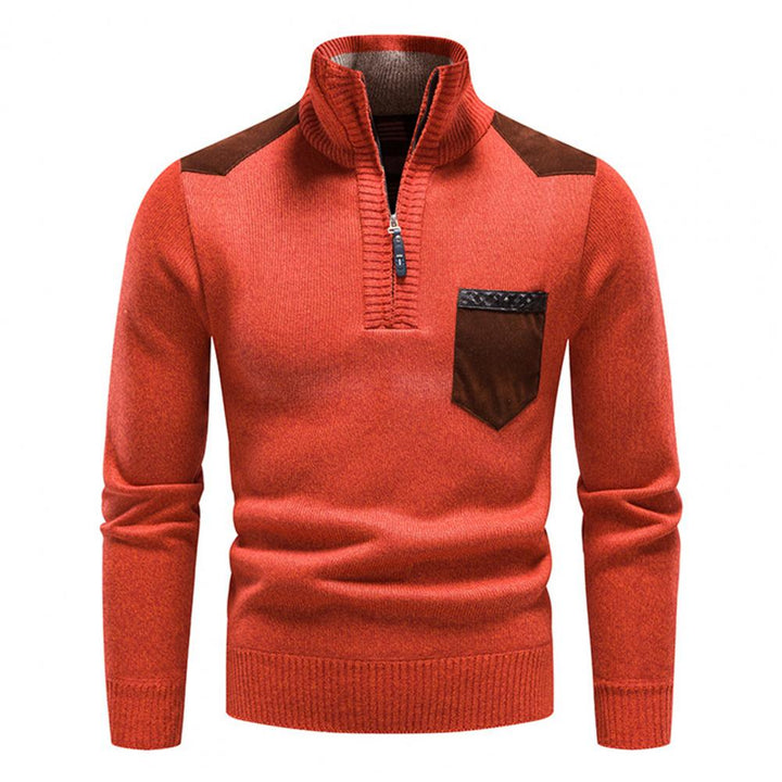 Close-up of men's knitwear zipper sweater showing chest pocket detail and texture