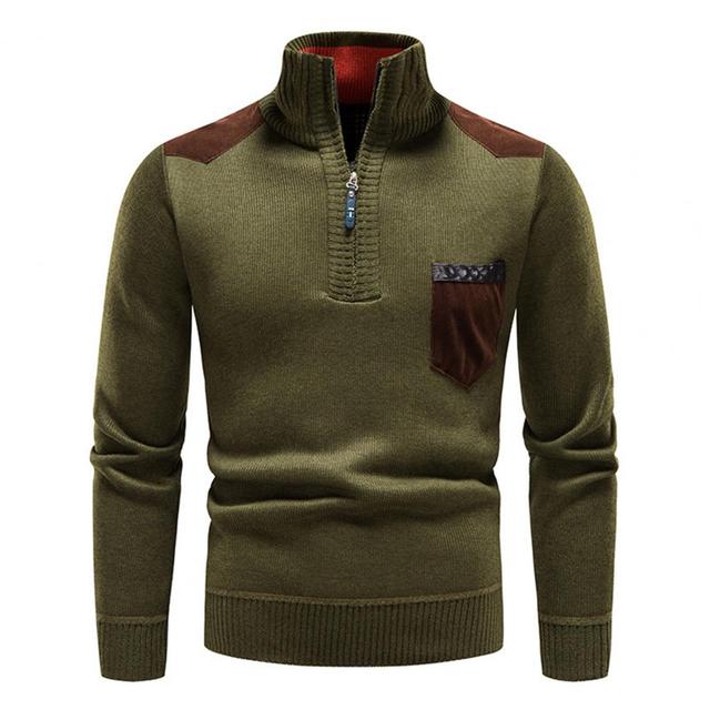 Model wearing a men's stylish blue zipper sweater with a functional chest pocket, mens apparel