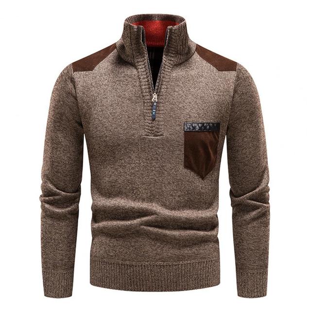 Comfortable men's knit zip sweater with a convenient chest pocket, a versatile mens top